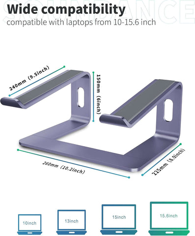 Laptop stand with wide compatibility for laptops 10-15.6 inches, featuring sturdy aluminum design and ergonomic height.