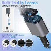 4 in 1 retractable car charger with two charging cords displaying voltage and USB interfaces.