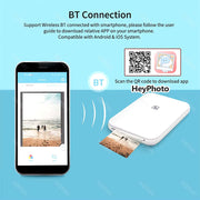 Wireless Bluetooth connection for the MT53 pocket photo printer with smartphone compatibility, featuring app download instructions.