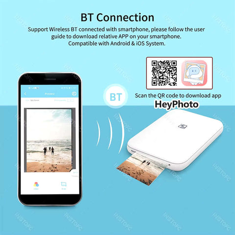 Wireless Bluetooth connection for the MT53 pocket photo printer with smartphone compatibility, featuring app download instructions.