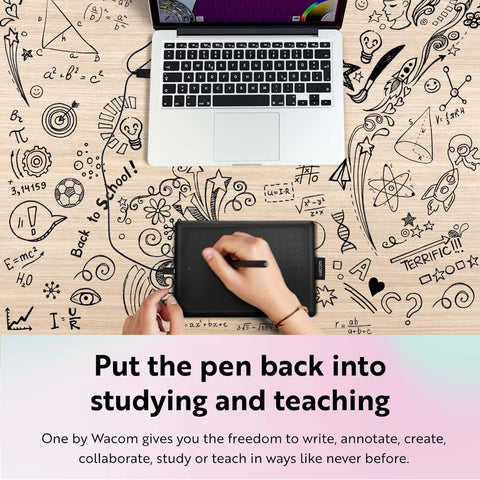 One by Wacom drawing tablet on a desk, promoting creativity and collaboration for students and teachers.