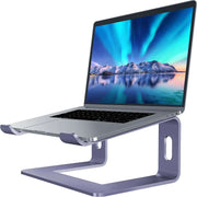 Aluminum laptop stand in purple color elevating a notebook computer with vibrant screen display.