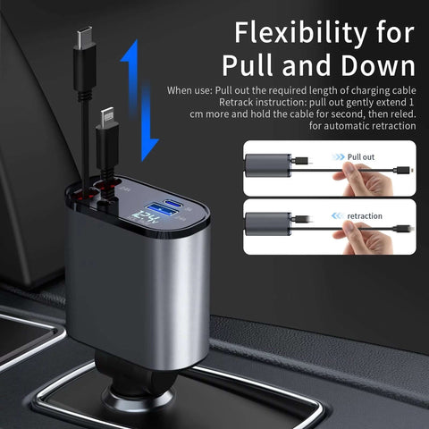 4 in 1 retractable car charger with cable flexibility for efficient charging and automatic retraction features