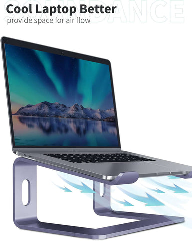 Purple aluminum laptop stand elevating a laptop for better airflow and ergonomics.