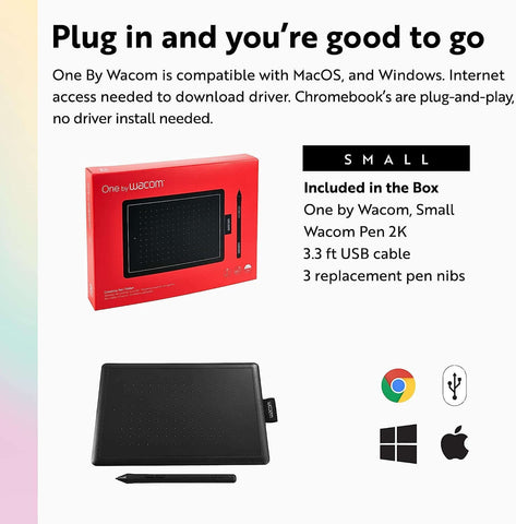 One by Wacom Small Drawing Tablet for Mac, Windows, Chromebook; includes USB cable and pen nibs.