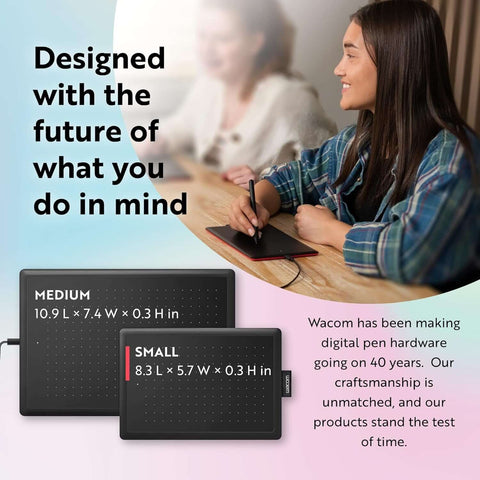 Student using One by Wacom drawing tablet, showcasing its portable design and compatibility with various devices.