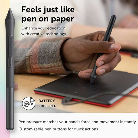 Close-up of a hand using a battery-free pen on a drawing tablet, highlighting pen pressure and customizable buttons.
