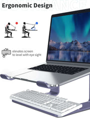 Laptop stand showing ergonomic design that elevates screen level for better eye sight with silver finish.