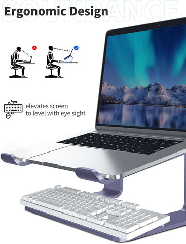 Laptop stand showing ergonomic design that elevates screen level for better eye sight with silver finish.