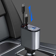 4 in 1 retractable car charger with iPhone and Type C cables, 100W fast charging in vehicle.