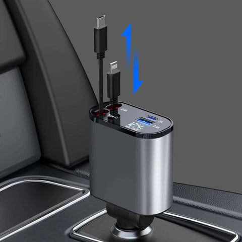 4 in 1 retractable car charger with iPhone and Type C cables, 100W fast charging in vehicle.