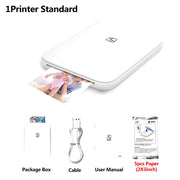 MT53 portable photo printer printing a 2x3 sticky-backed photo with accessories including cable and paper.