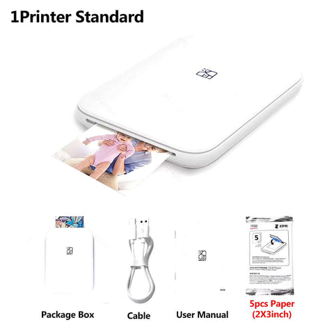 MT53 portable photo printer printing a 2x3 sticky-backed photo with accessories including cable and paper.