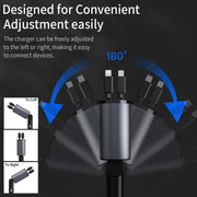 4 in 1 retractable car charger image showing 180-degree adjustable feature for convenient device connection.