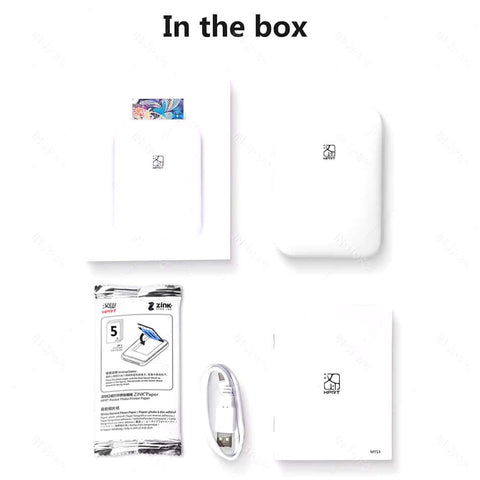 Contents of the MT53 portable printer box including printer, photo papers, USB cable, and instructions.