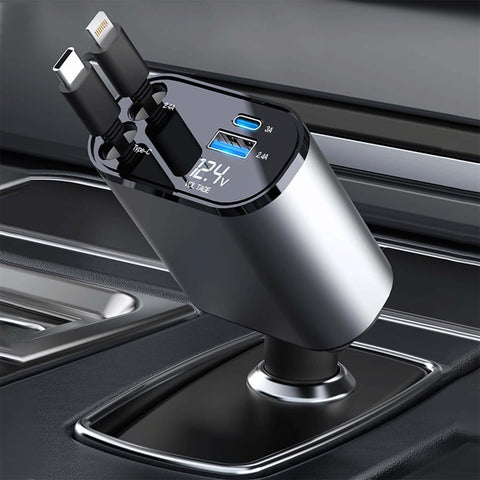 4 in 1 retractable car charger with USB and Type C ports, designed for fast charging devices in vehicles.