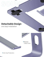 Image of a purple laptop stand showcasing its detachable design, anti-slip protection, and meshed cable cover features.