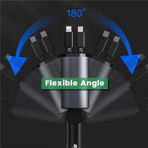 Image showing a 180° flexible angle for a car charger with multiple charging tips.