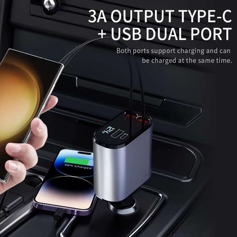 Image of a dual-port car charger with Type-C and USB outputs, supporting simultaneous charging with 3A output.