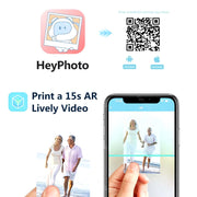 HeyPhoto app demonstration showing AR video printing features on a smartphone, highlighting user interaction and downloadable QR code.